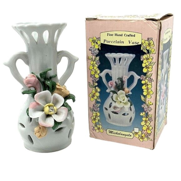 Mini Porcelain Bud Vase White Applied Flowers Floral 5 Inch Reticulated - Picture 6 of 9